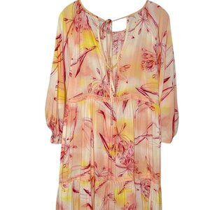 By Anthropologie Semi-Sheer Tie-Back Tiered Floral Dress - Red/Yellow/Pink - S